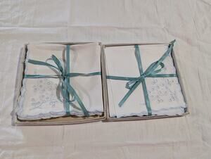 Vintage 1940s Linen Tea Napkins - Broderie Anglaise- New In Box (Set of 12)